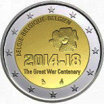 BELGIEN: 2 € 2014 världskriget, 100V.